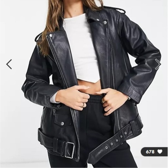 ASOS DESIGN Oversized Premium Real Washed Genuine Leather Biker Moto Jacket 16T - Picture 1 of 7